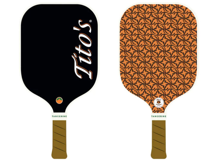 Custom Tito's pickleball paddle with logo and orange design