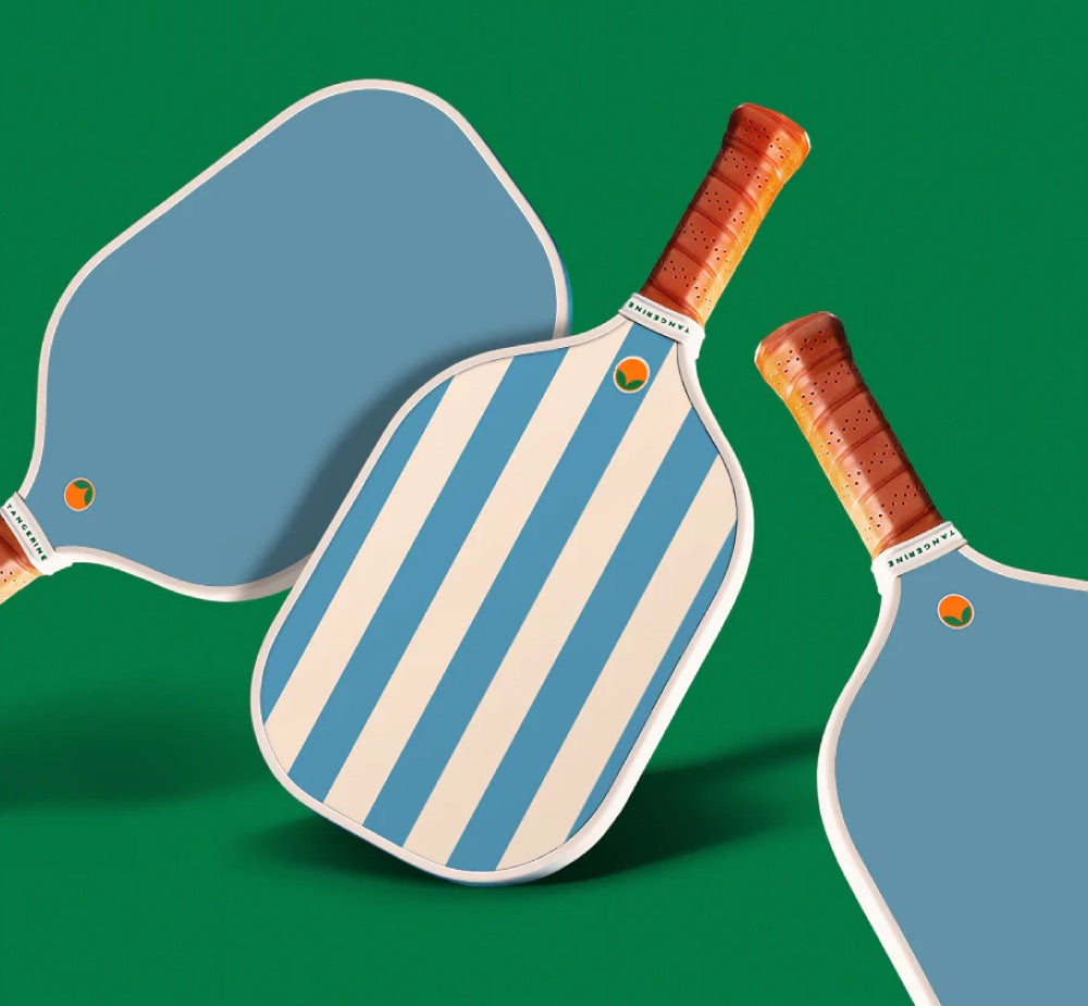 Blue and white striped pickleball paddle with solid blue backing