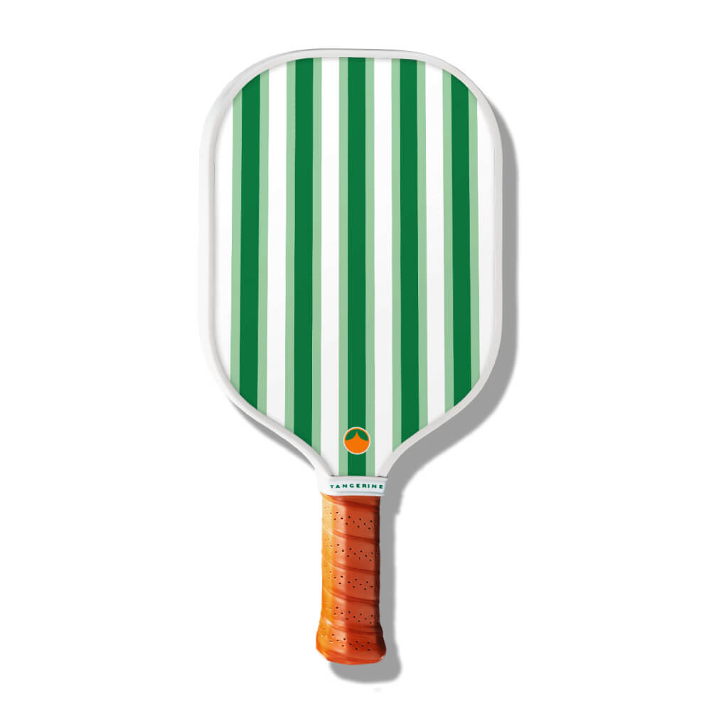 Dark and light green striped pickleball paddle