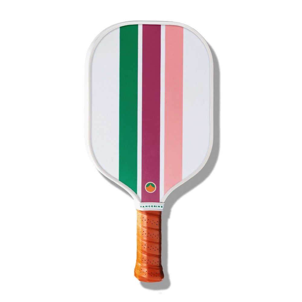 Tangerine Nantucket pickleball paddle with 3 stripes of pick, purple, and green. 