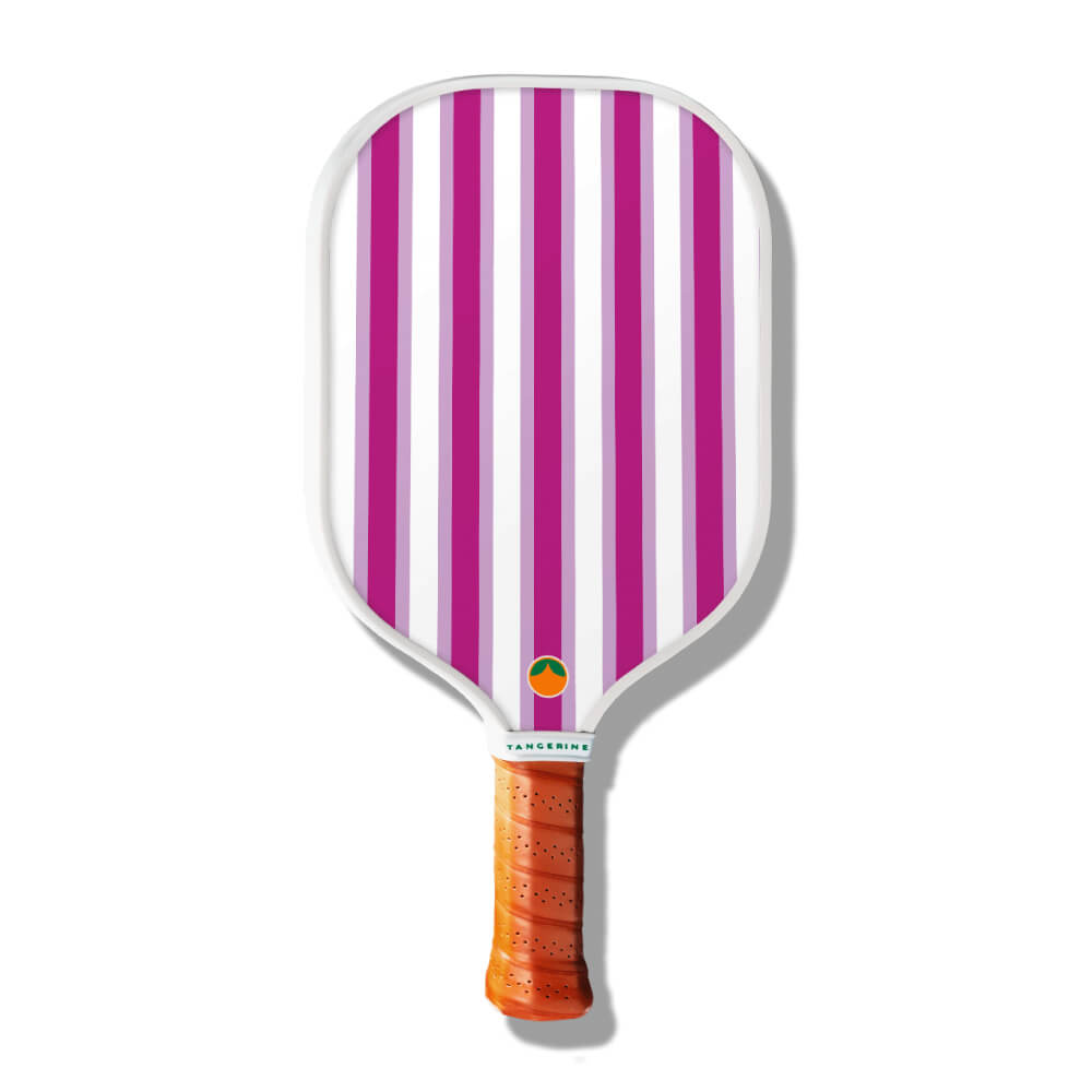 Purple striped pickleball paddle on a white background