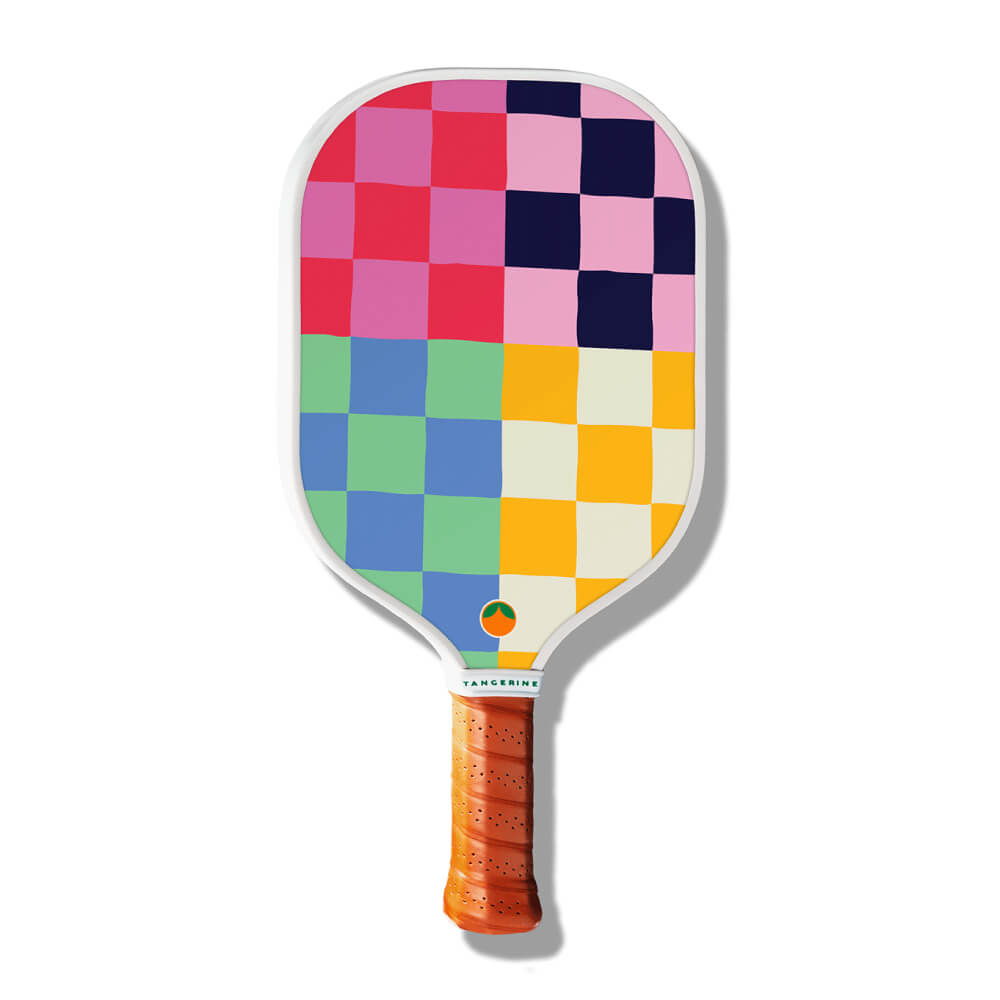 Tangerine pickleball paddle with a colorful and whimsical square design