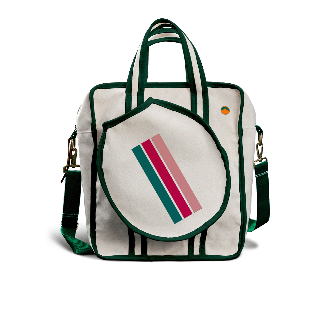 Tangerine Pickleball Tote Bag Hunter Green with Pink, Coral, and Green Stripes