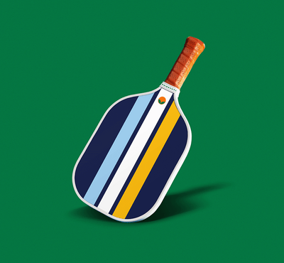 Gold and blue pickleball paddle with blue background