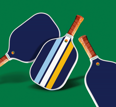 Tangerine Ponza Pickleball Paddle with gold and blue stripes on blue background