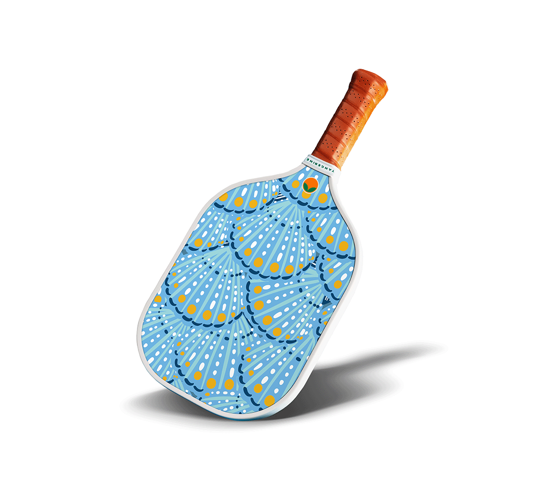 Tangerine designed Taormina themed blue striped pickleball paddle with shells.