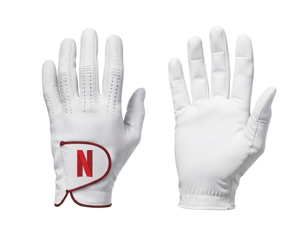 Custom Cabretta sheepskin golf glove with a logo on the strap and matching trim