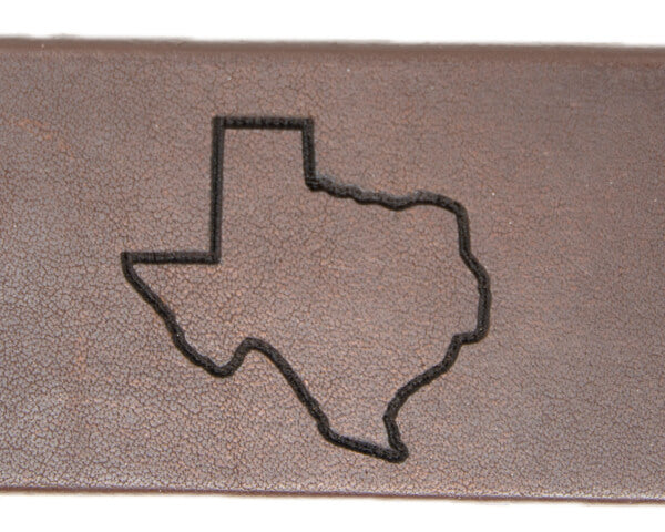 Custom brand stamp on a leather belt tab