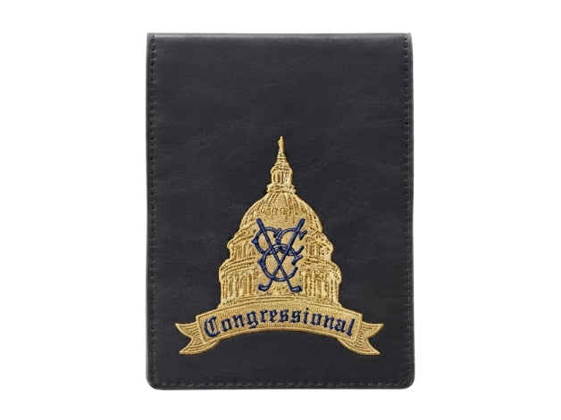 Custom leather golf scorecard holder with a corporate logo