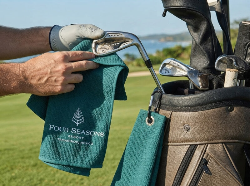 Custom branded golf towels — club and tournament order