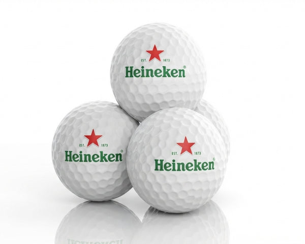 Custom golf ball with a one-color logo, boxed in a sleeve of three