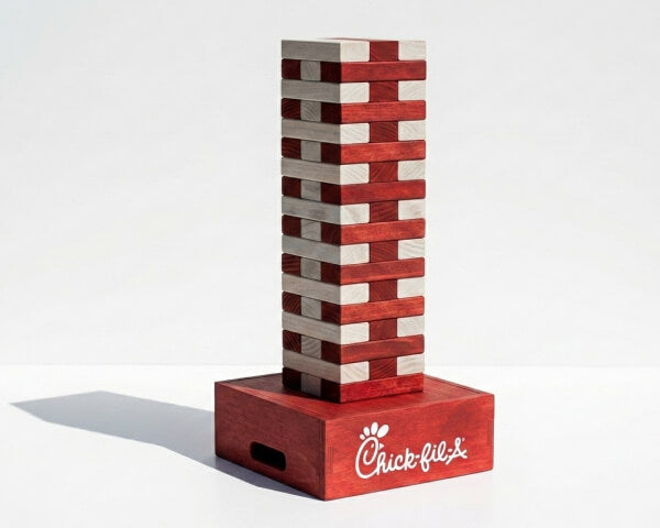Branded giant tumble tower at a corporate event